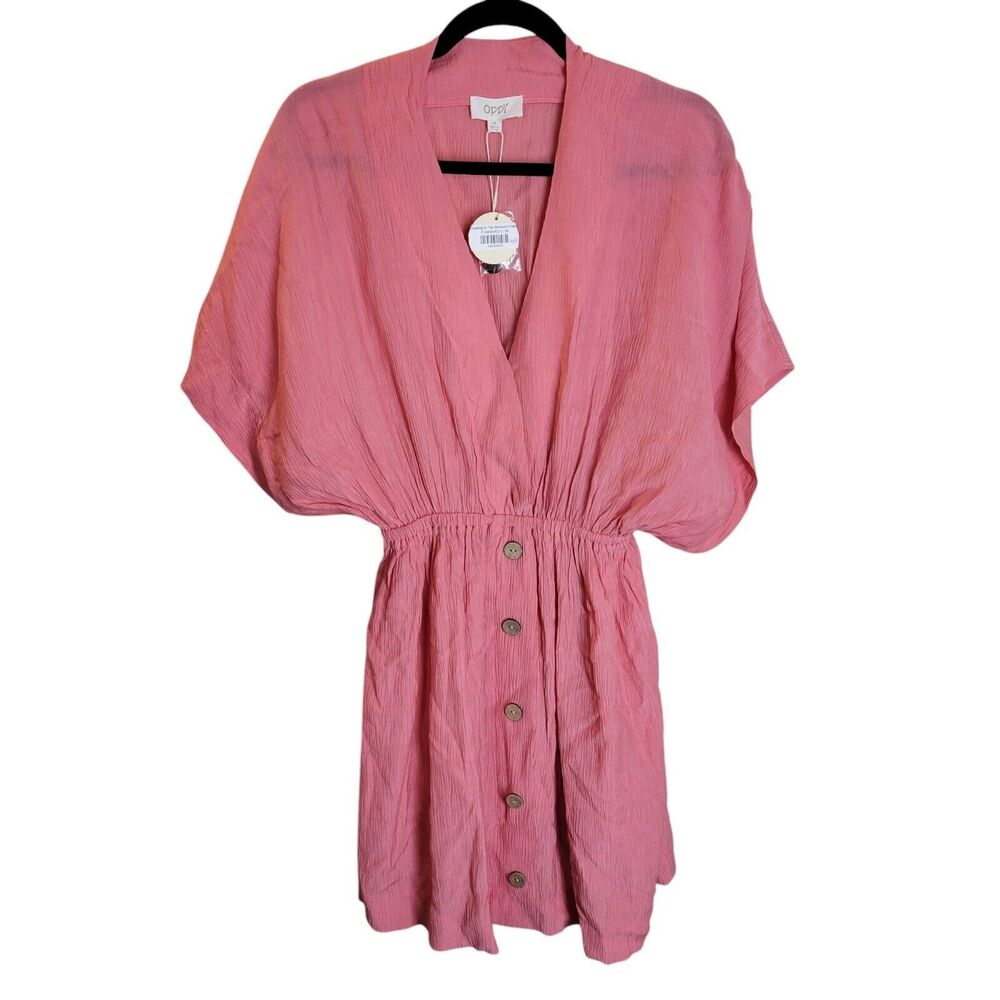 Oddy Womens Sz M Pink Solid Short Sleeve Boho Style Dress